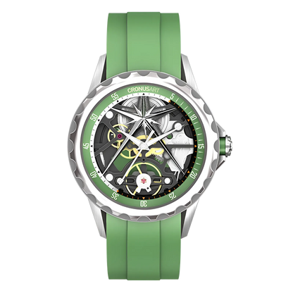 Cronusart CM05-06A - Automatic skeleton watch with green rubber strap and green bezel, hollow out mechanical movement