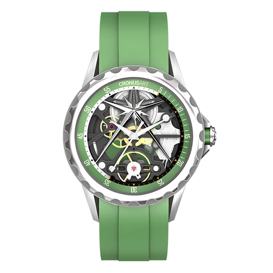 Cronusart CM05-06A - Automatic skeleton watch with green rubber strap and green bezel, hollow out mechanical movement