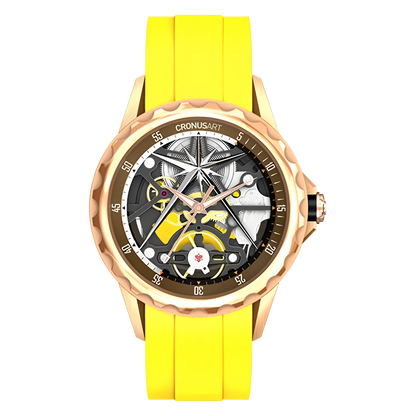 Cronusart CM05-06A - Automatic skeleton watch with yellow rubber strap and gold tone case, hollow out design