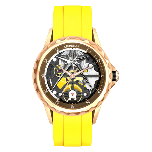 Cronusart CM05-06A - Automatic skeleton watch with yellow rubber strap and gold tone case, hollow out design