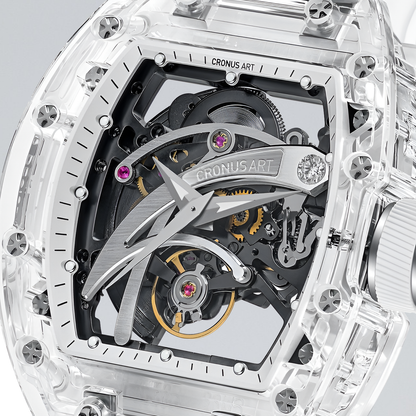Close up of blade dial on Cronusart CM08-010 transparent automatic skeleton watch