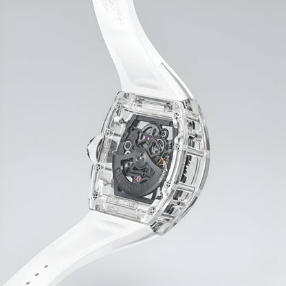 Angled view of Cronusart CM08-010 transparent automatic skeleton watch with fluororubber strap