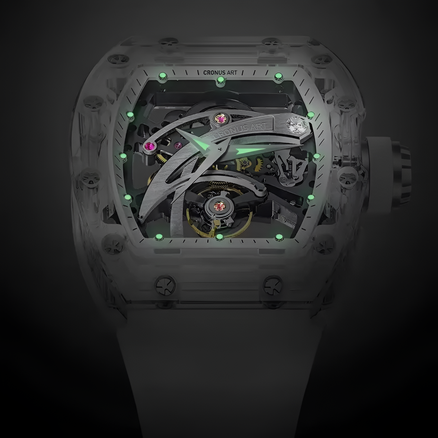 Cronusart CM08-010 - Transparent automatic skeleton watch showing luminous hands and markers in low light