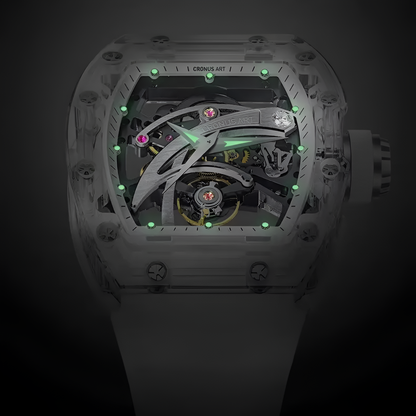Cronusart CM08-010 - Transparent automatic skeleton watch showing luminous hands and markers in low light