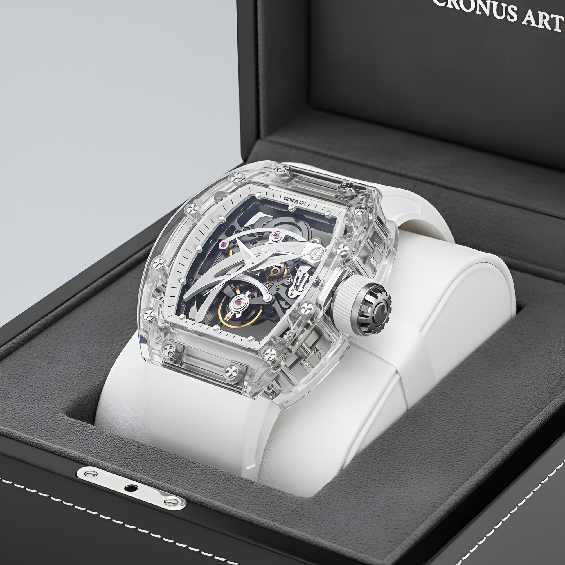 Cronusart CM08-010 transparent automatic skeleton watch displayed in presentation box