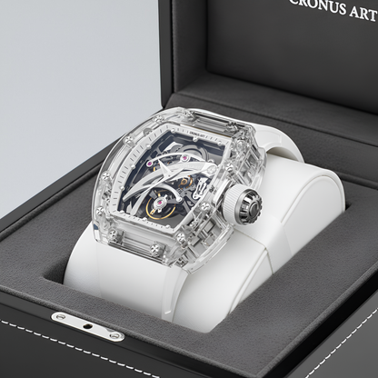Cronusart CM08-010 transparent automatic skeleton watch displayed in presentation box