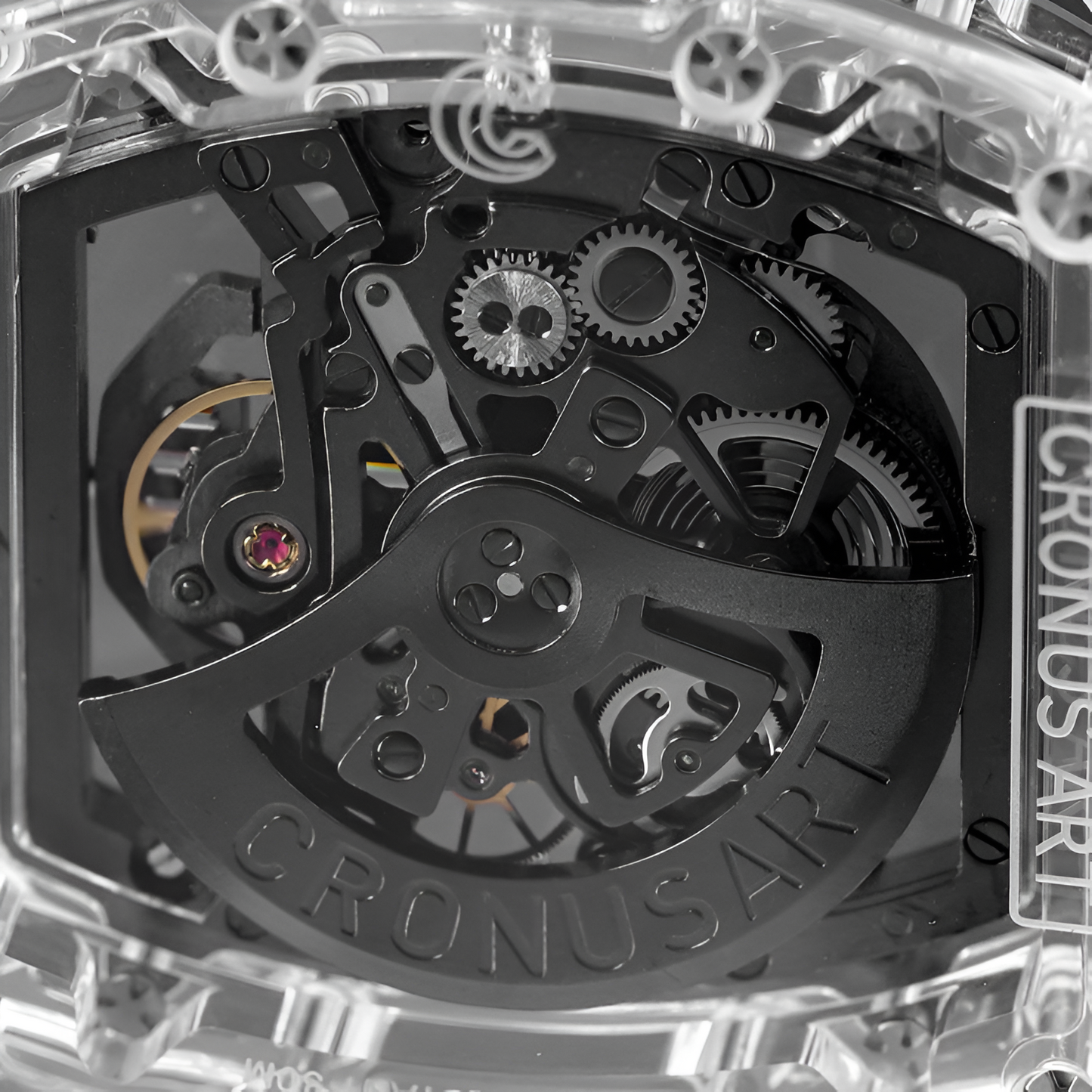 Macro view of CRONUSART CM08 021 automatic movement through transparent caseback showing rotor and gears