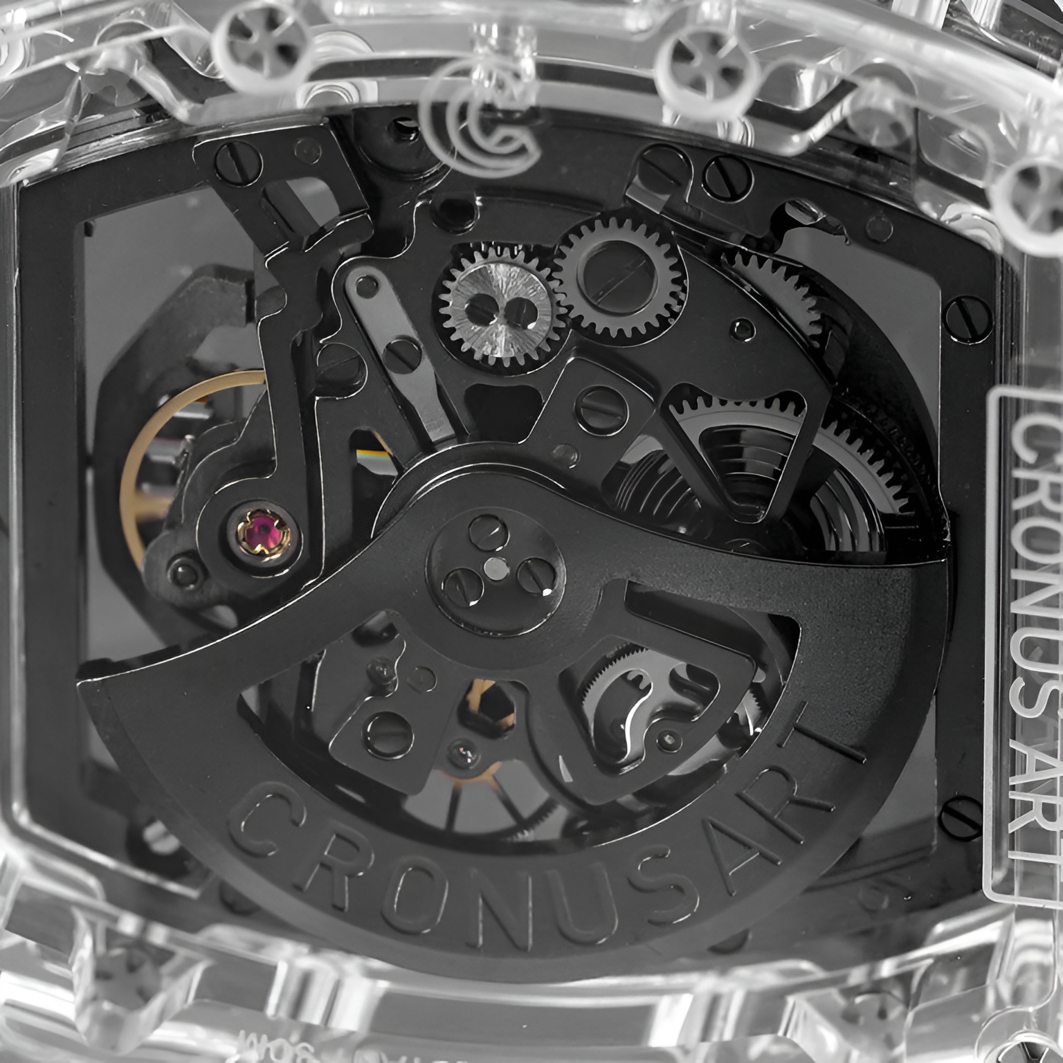 Macro view of CRONUSART CM08 021 automatic movement through transparent caseback showing rotor and gears