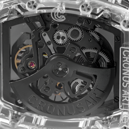 Macro view of CRONUSART CM08 021 automatic movement through transparent caseback showing rotor and gears