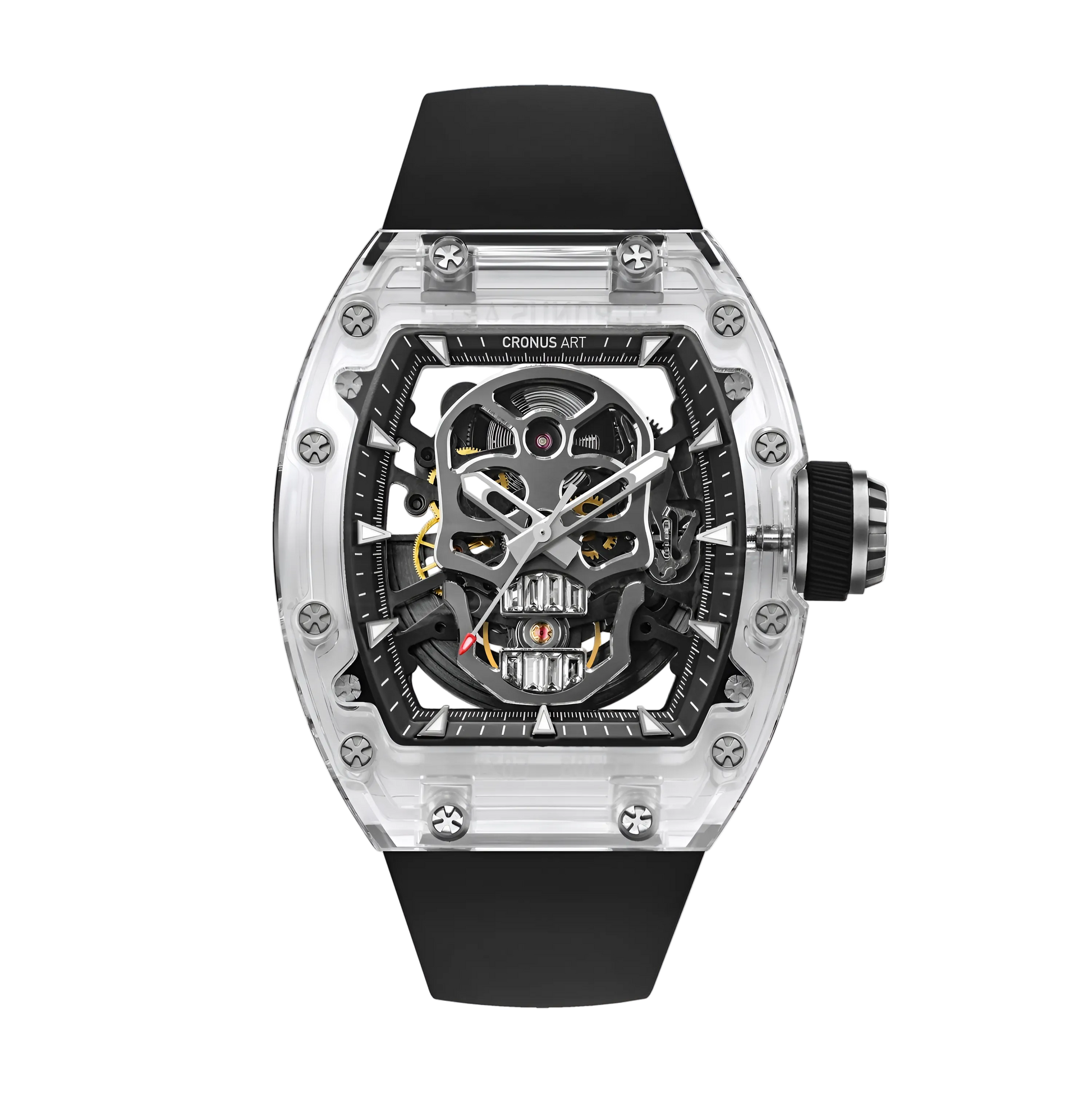 Cronusart CM08 021 men’s automatic skeleton watch with clear sapphire tonneau case and black strap, front view skull skeleton dial