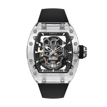 Cronusart CM08 021 men’s automatic skeleton watch with clear sapphire tonneau case and black strap, front view skull skeleton dial