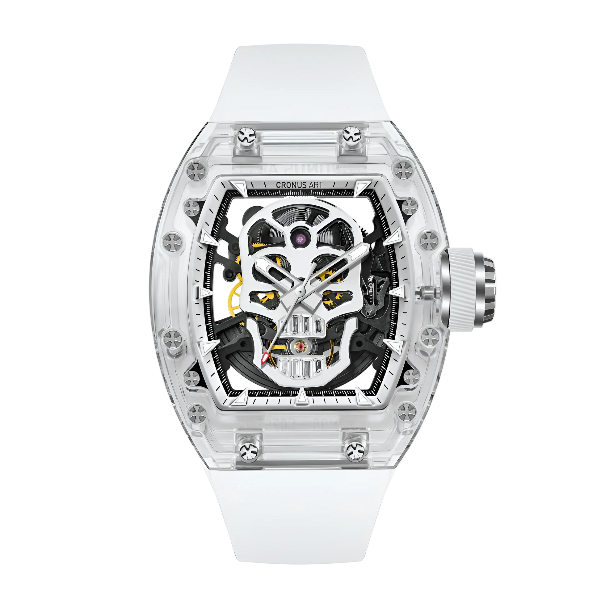 Cronusart CM08 021 men’s automatic skeleton watch with clear sapphire tonneau case and white strap, front view openworked dial