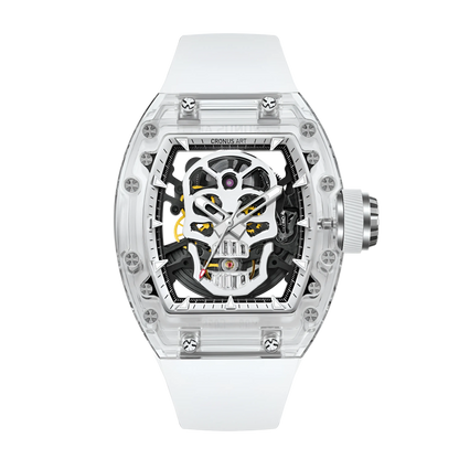Cronusart CM08 021 men’s automatic skeleton watch with clear sapphire tonneau case and white strap, front view openworked dial