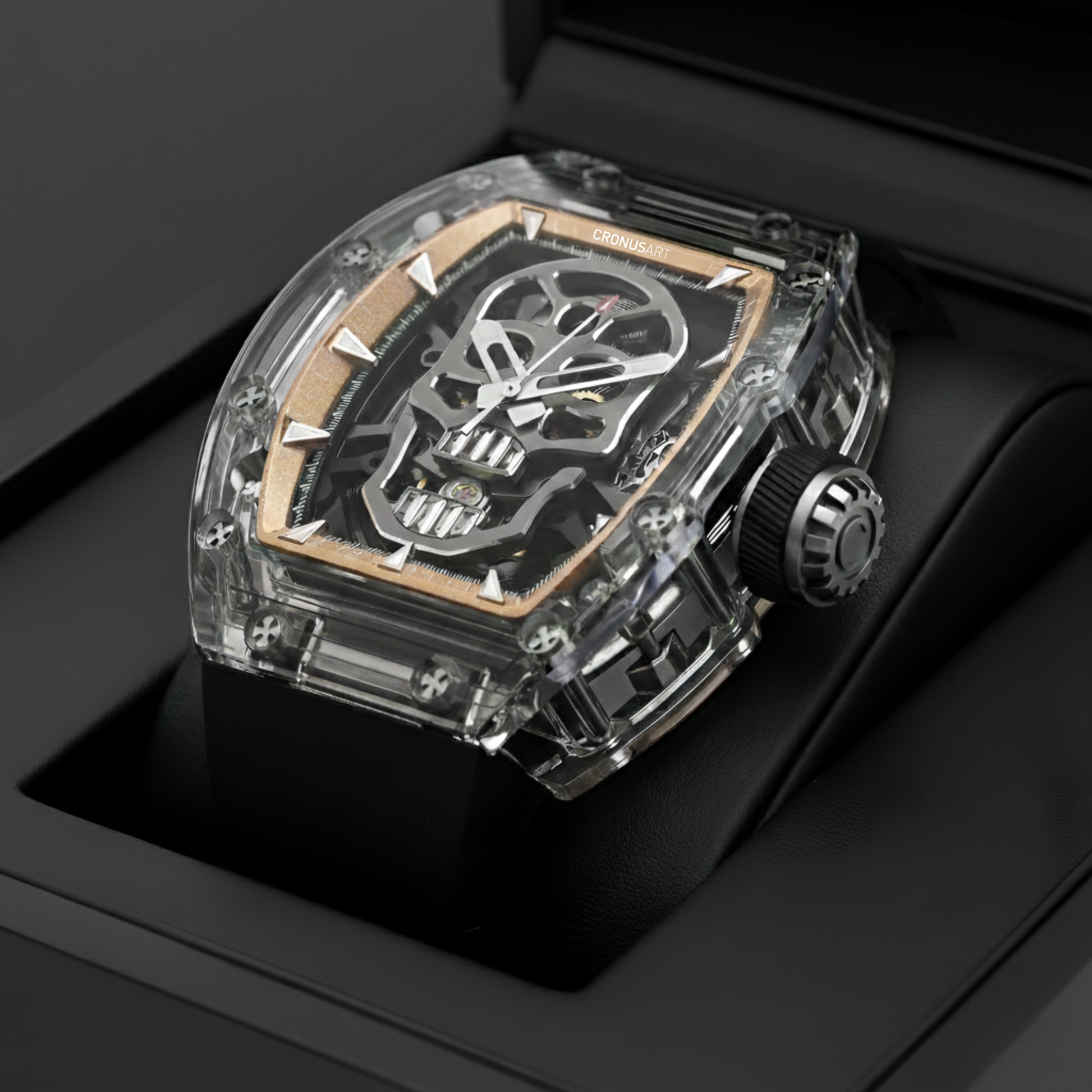 CRONUSART CM08 021 automatic skeleton watch inside presentation box angled view showing transparent sapphire case and dial depth