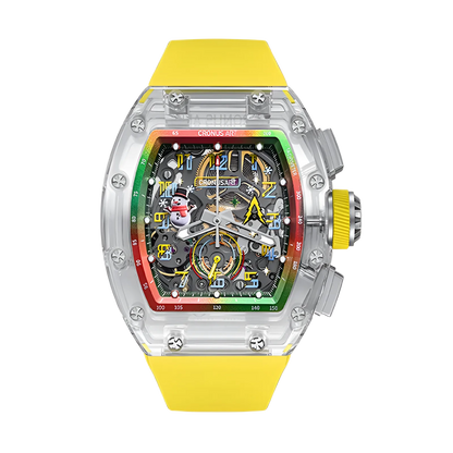 CRONUSART CM08-053 - Chronograph limited edition Christmas watch with transparent case and colorful holiday-themed design. Yellow strap with snowman and Christmas tree motifs