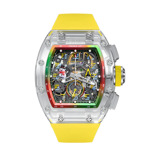 CRONUSART CM08-053 - Chronograph limited edition Christmas watch with transparent case and colorful holiday-themed design. Yellow strap with snowman and Christmas tree motifs