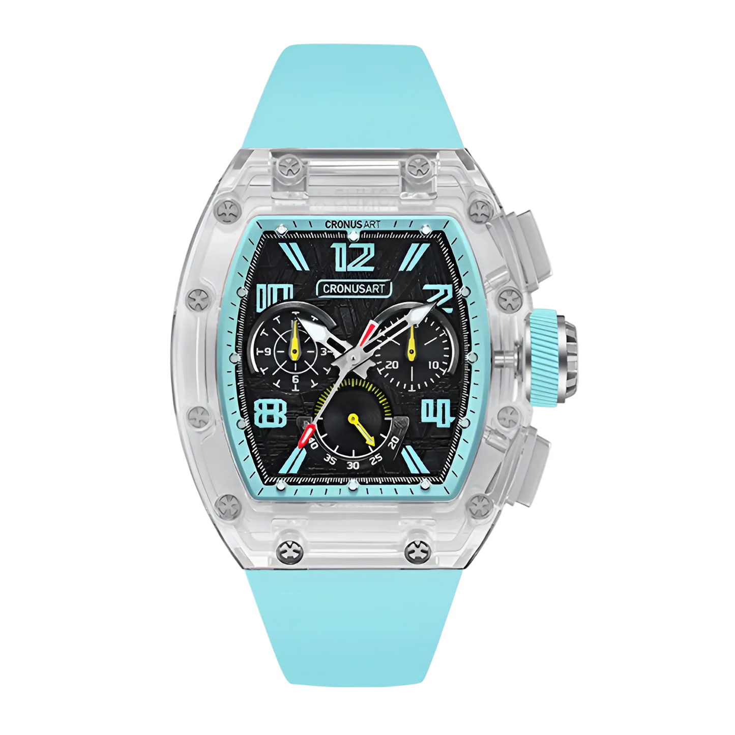 CRONUSART CM08-059 - Automatic chronograph with blue accents and blue silicone strap, luminous hands, and genuine meteorite dial for high visibility