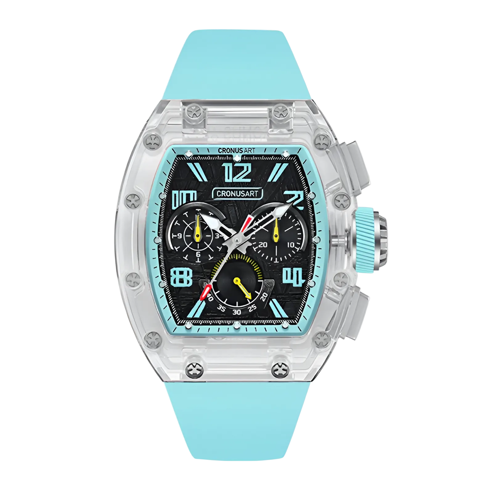 CRONUSART CM08-059 - Automatic chronograph with blue accents and blue silicone strap, luminous hands, and genuine meteorite dial for high visibility