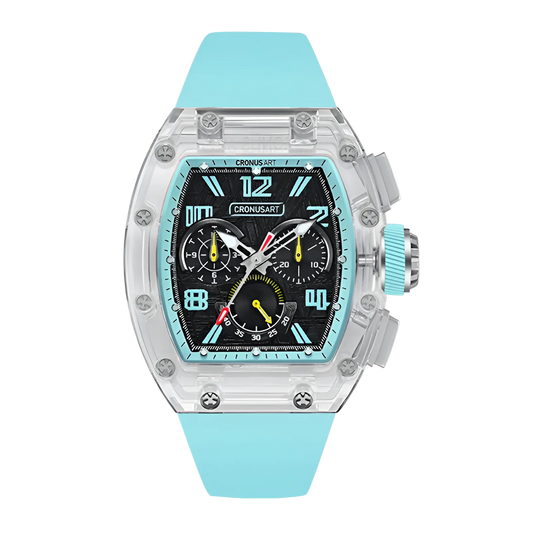 CRONUSART CM08-059 - Automatic chronograph with blue accents and blue silicone strap, luminous hands, and genuine meteorite dial for high visibility