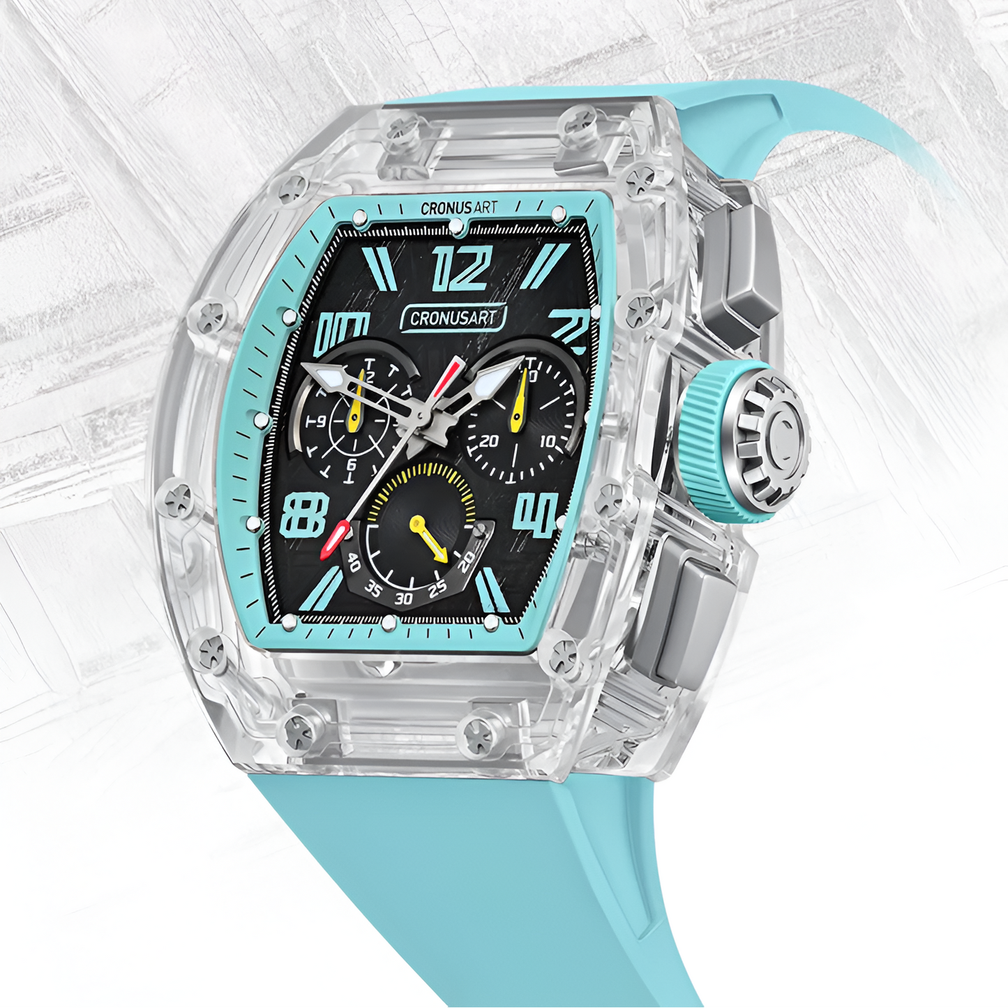 CRONUSART CM08-059 - Automatic chronograph with blue strap, luminous hands, and a unique meteorite dial with chronograph sub-dials