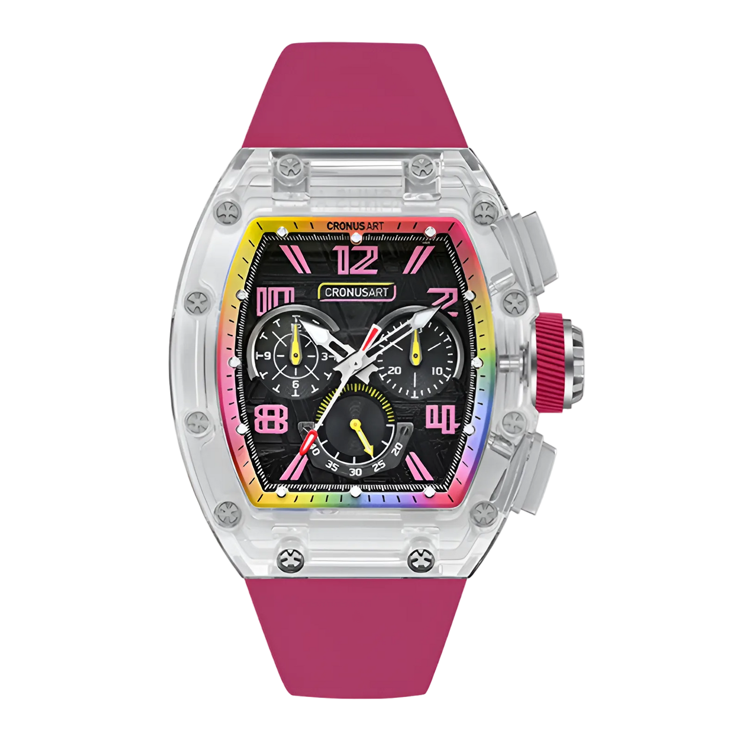 CRONUSART CM08-059 - Automatic chronograph with rainbow bezel and pink silicone strap, luminous hands, and unique meteorite dial