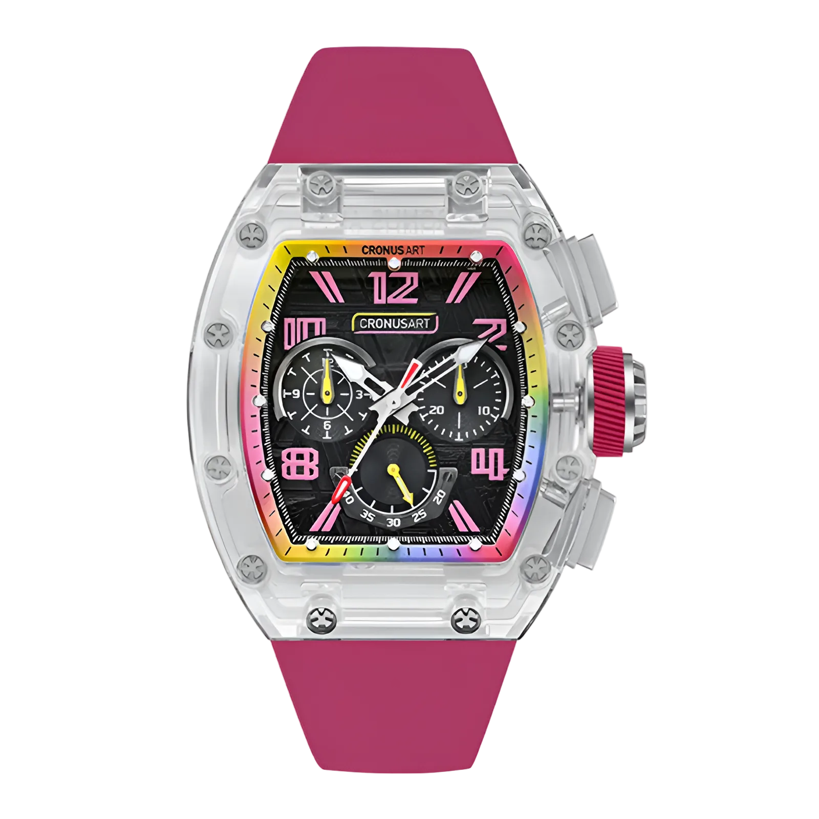 CRONUSART CM08-059 - Automatic chronograph with rainbow bezel and pink silicone strap, luminous hands, and unique meteorite dial