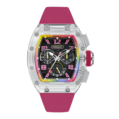 CRONUSART CM08-059 - Automatic chronograph with rainbow bezel and pink silicone strap, luminous hands, and unique meteorite dial