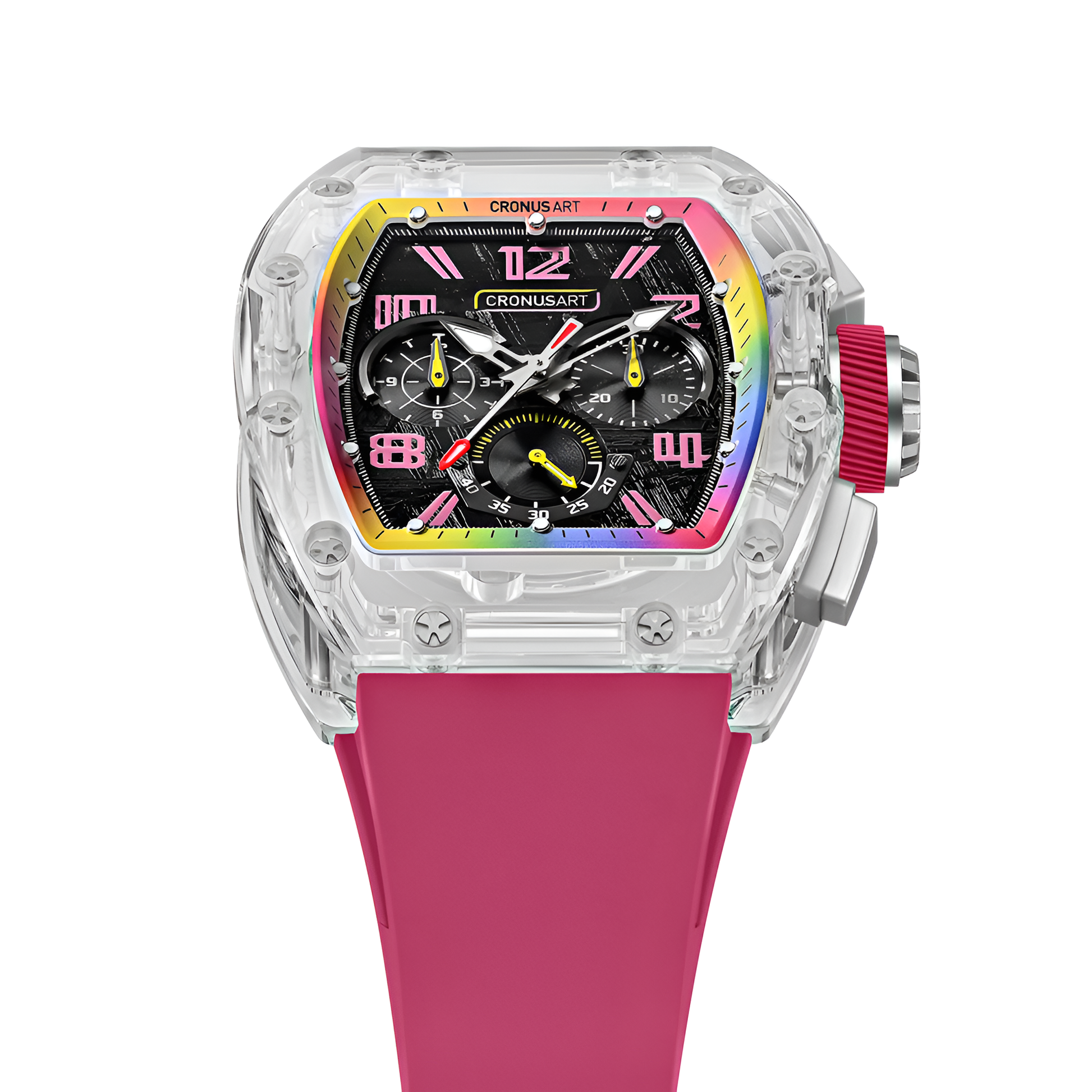 CRONUSART CM08-059 - Automatic chronograph with rainbow bezel, pink strap, luminous hands, and genuine meteorite dial for cosmic uniqueness.