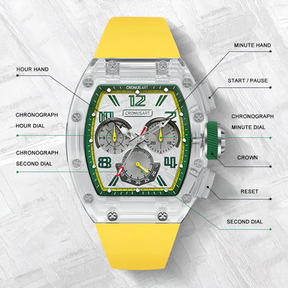 CRONUSART CM08-059 - Automatic chronograph with green and yellow accents, luminous hands, and a meteorite dial, worn on the wrist