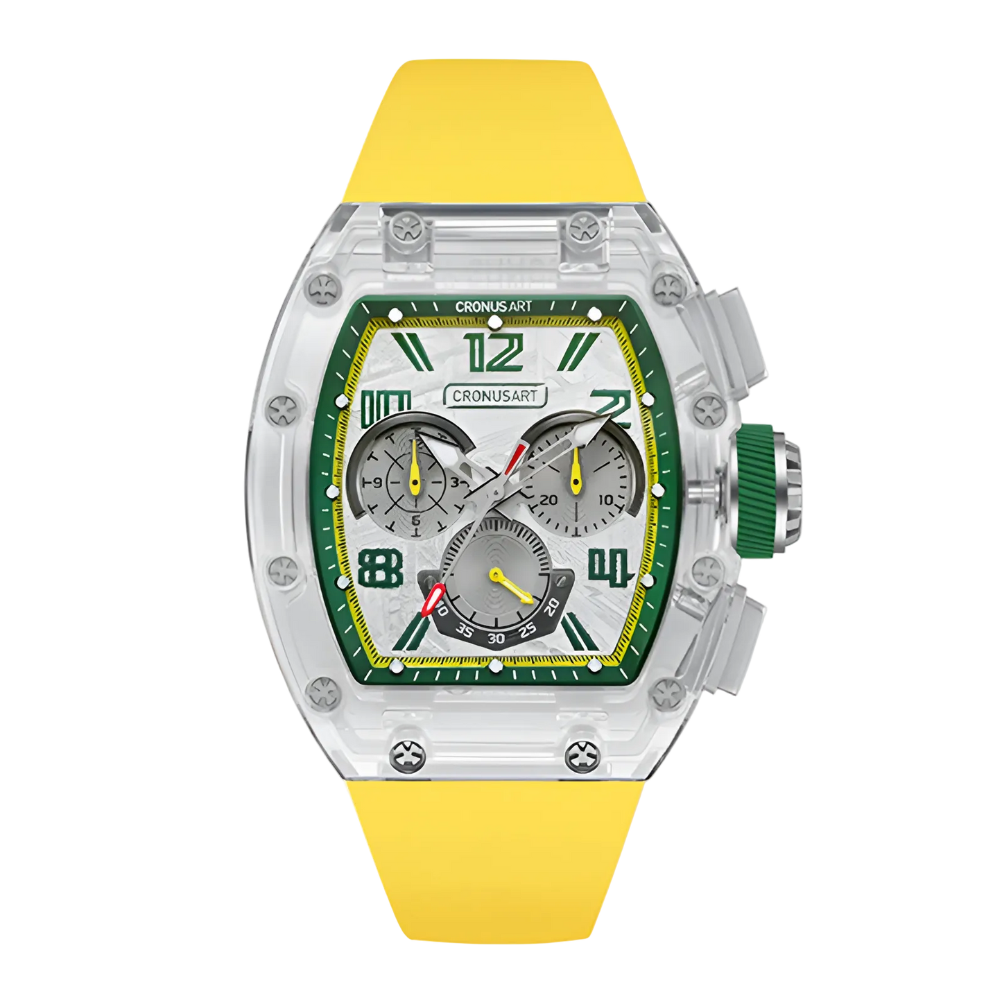 CRONUSART CM08-059 - Automatic chronograph with green and yellow accents, luminous hands, and silver meteorite dial with shock-resistant case