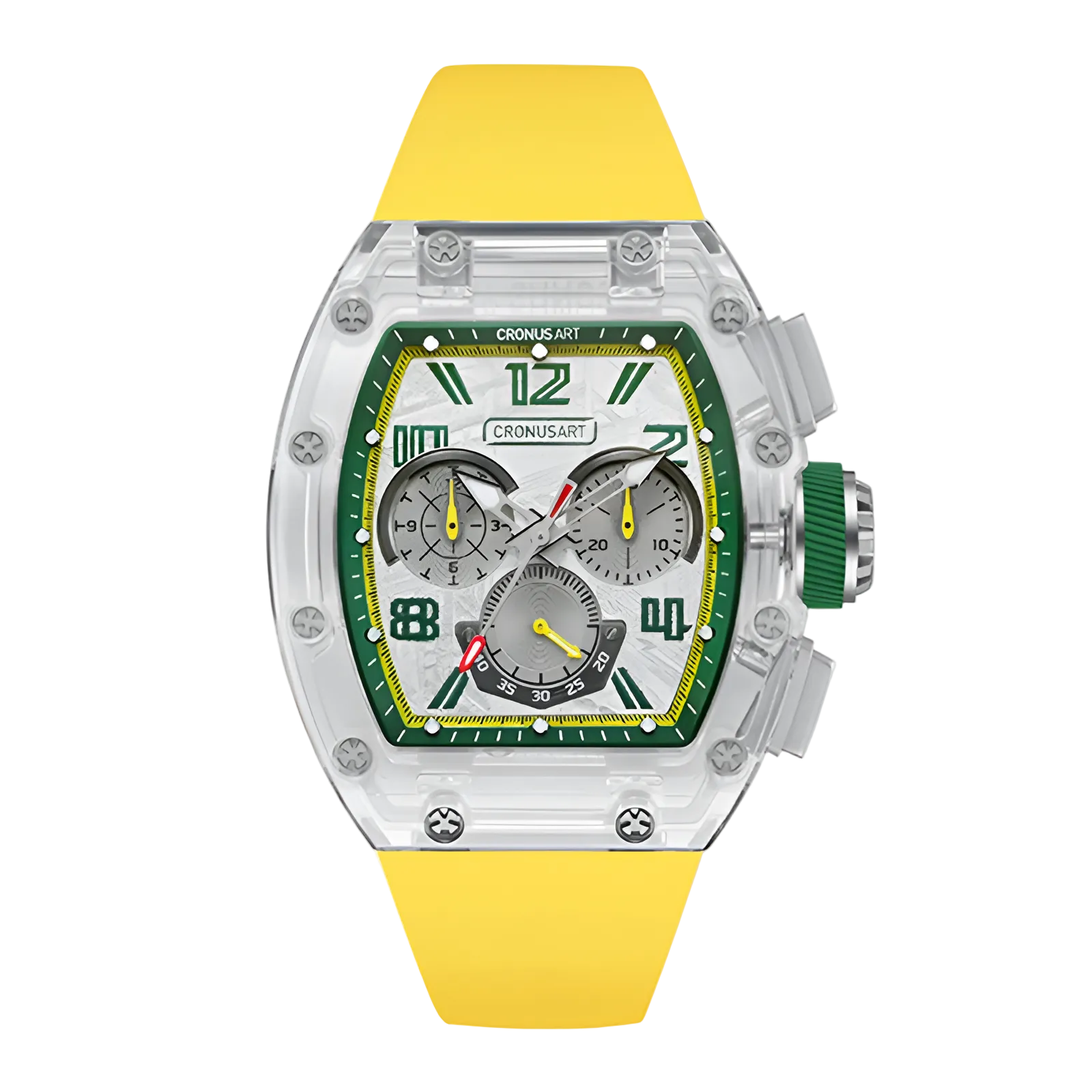 CRONUSART CM08-059 - Automatic chronograph with green and yellow accents, luminous hands, and silver meteorite dial with shock-resistant case