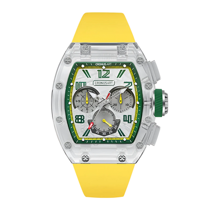 CRONUSART CM08-059 - Automatic chronograph with green and yellow accents, luminous hands, and silver meteorite dial with shock-resistant case