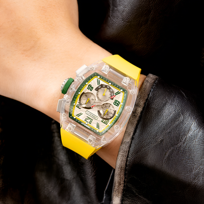 CRONUSART CM08-059 - Automatic chronograph with yellow strap, green accents, luminous hands, and unique meteorite dial, worn on the wrist