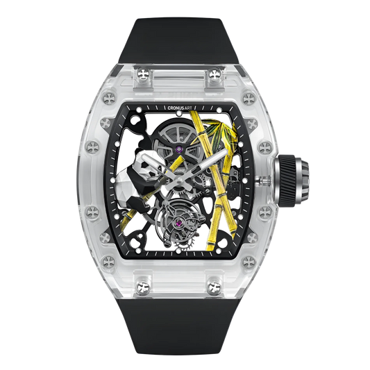 Cronusart CM08-27 - Panda sapphire tourbillon watch with transparent sapphire case, skeleton panda dial, visible tourbillon at 6 o’clock, and black fluororubber strap, front view