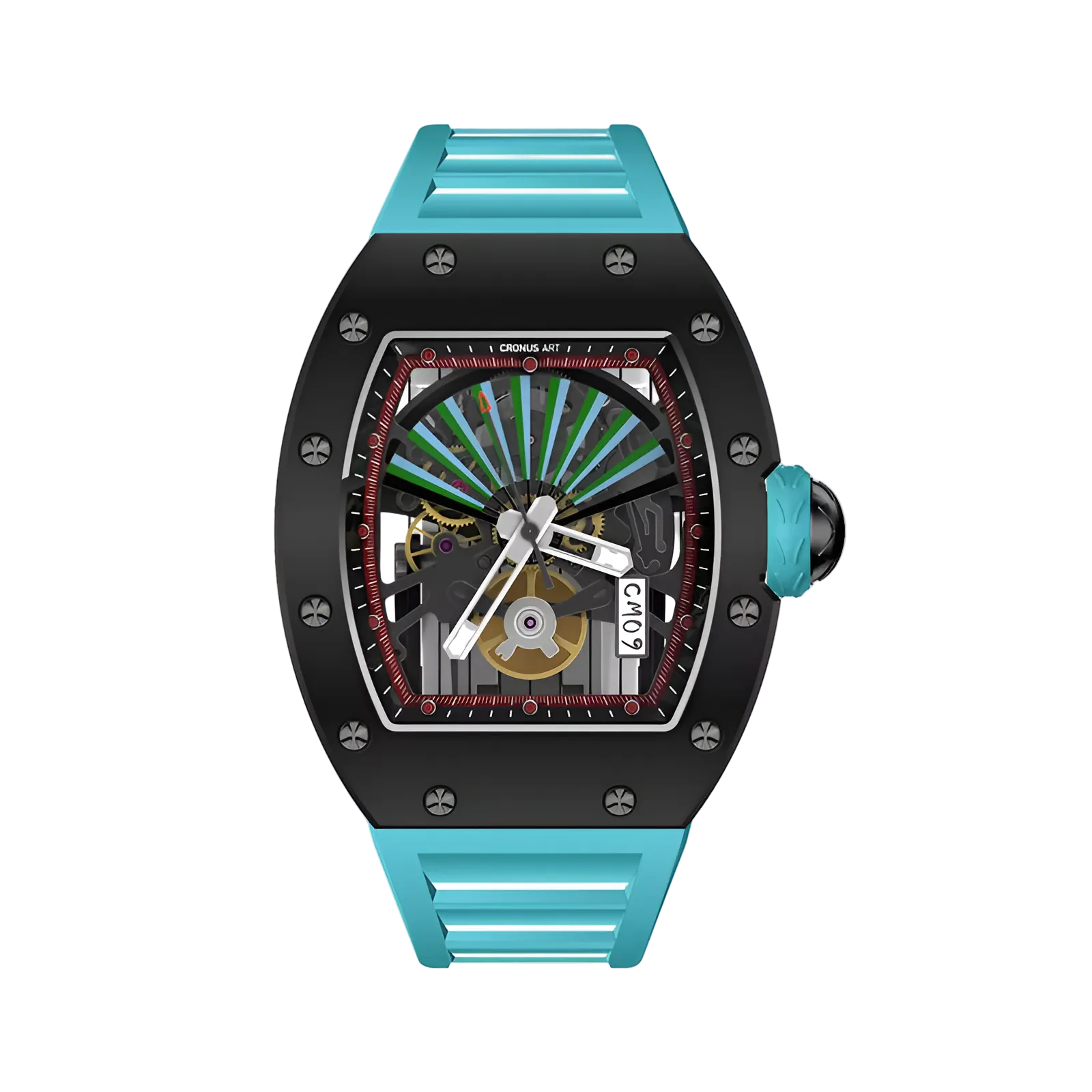 Cronusart CM09-001 - Carbon steel skeleton watch with fan dial and turquoise fluororubber strap front view