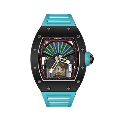 Cronusart CM09-001 - Carbon steel skeleton watch with fan dial and turquoise fluororubber strap front view