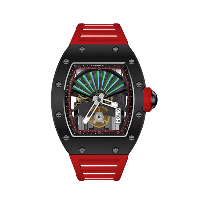 Cronusart CM09-001 - Carbon steel skeleton watch featuring fan dial with red fluororubber strap