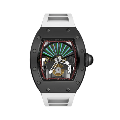 Cronusart CM09-001 - Carbon steel skeleton watch with turbine fan dial and white fluororubber strap