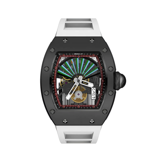 Cronusart CM09-001 - Carbon steel skeleton watch with turbine fan dial and white fluororubber strap