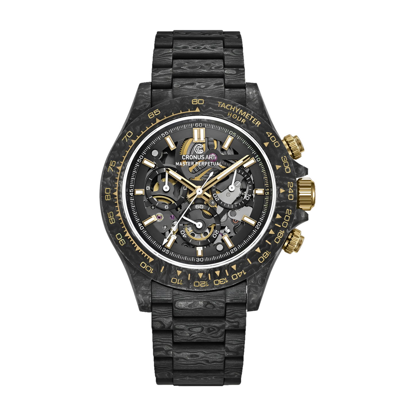 Front view of CRONUSART men’s automatic chronograph watch with carbon fiber case and sapphire dial