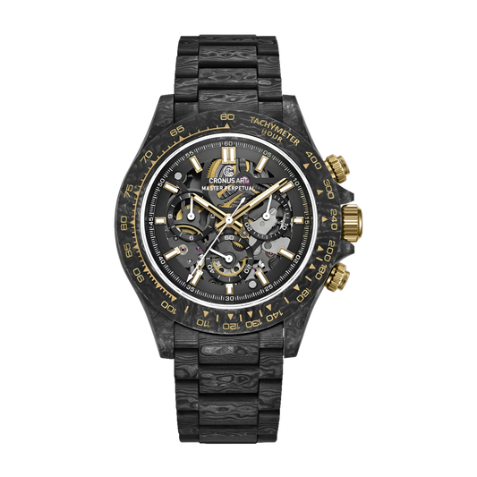 Front view of CRONUSART men’s automatic chronograph watch with carbon fiber case and sapphire dial