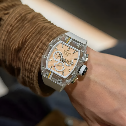 Cronusart CM001-10C Sapphire Chronograph Watch - sapphire chronograph watch worn on wrist with transparent skeleton design