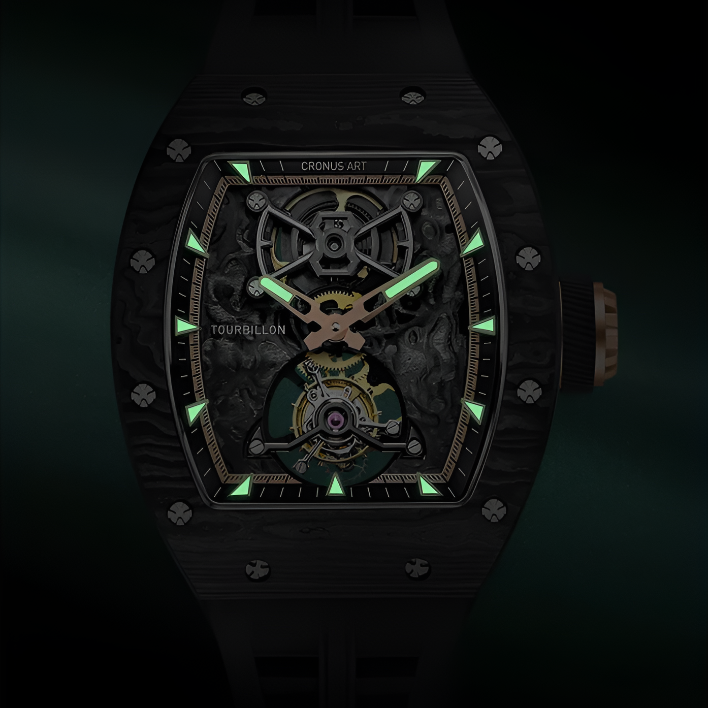 CRONUSART CM002-052 - Carbon fiber tourbillon watch with green luminous markers, rose gold accents, skeleton dial and black rubber strap