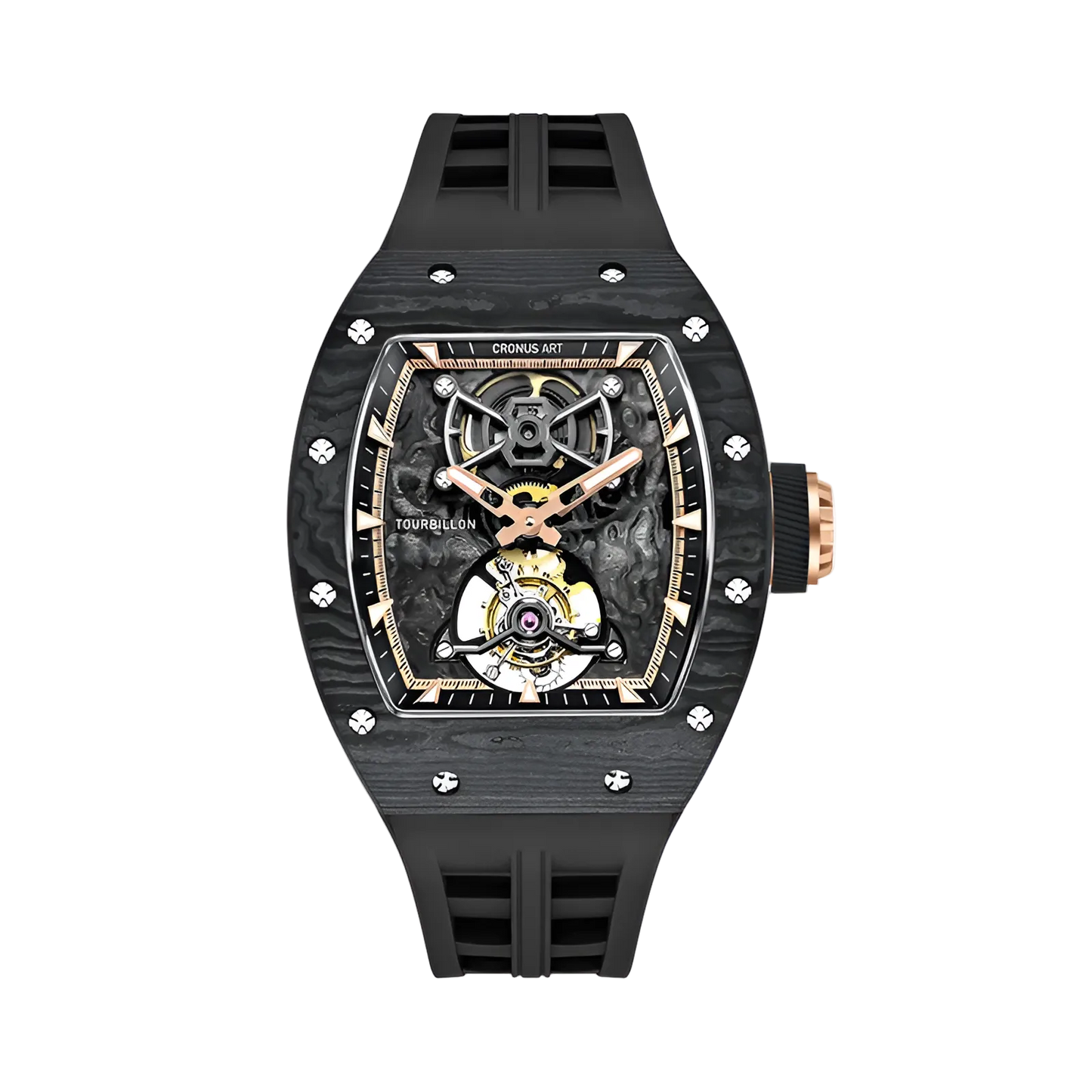 CRONUSART CM002-052- Cronus Art forged carbon tourbillon watch featuring a skeleton dial with rose gold accents and a black rubber strap.