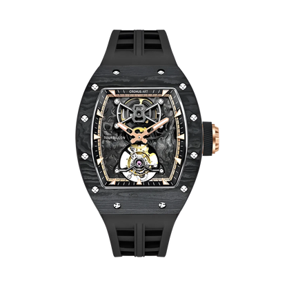 CRONUSART CM002-052- Cronus Art forged carbon tourbillon watch featuring a skeleton dial with rose gold accents and a black rubber strap.