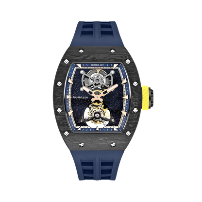 CRONUSART CM002-052 - Cronus Art carbon fiber tourbillon watch displaying a starry blue dial, yellow crown accent, and navy blue strap.