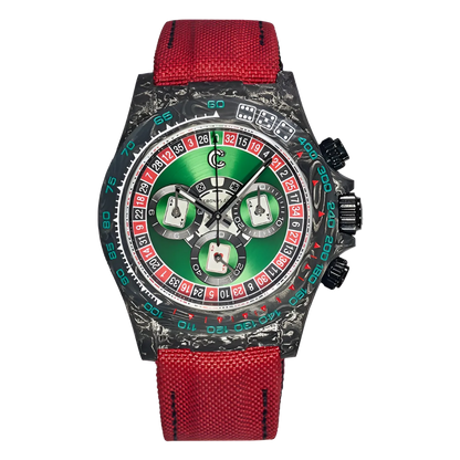 CRONUSART CM002 Casino-themed carbon fiber watch with a green roulette wheel dial, playing card sub-dials, and red strap
