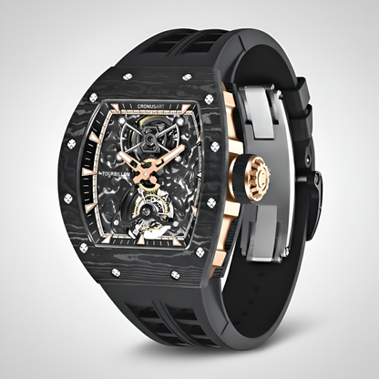 CRONUSART CM002-052 - Luxury carbon fiber tourbillon watch with rose gold crown details and black rubber strap clasp