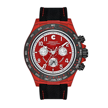 Red carbon fiber CRONUSART CM002 watch featuring a red dial with white numerals and a black strap with red stitching.