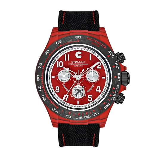 Red carbon fiber CRONUSART CM002 watch featuring a red dial with white numerals and a black strap with red stitching.